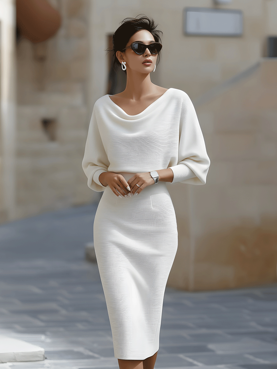 Whitemore & Daughters - Midi Dress: Draped Boat-Neck Dress with Batwing Sleeves