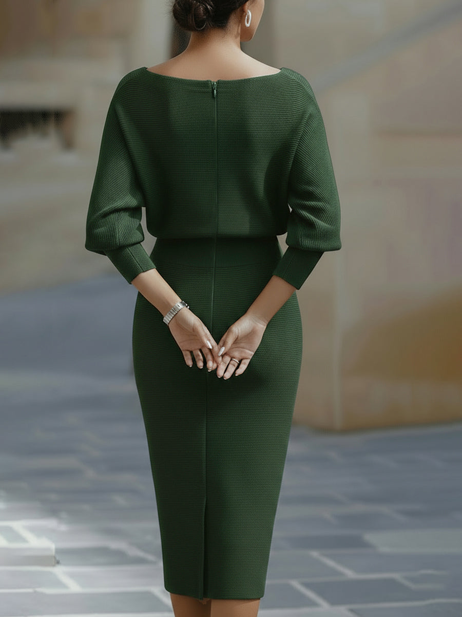 Whitemore & Daughters - Midi Dress: Draped Boat-Neck Dress with Batwing Sleeves