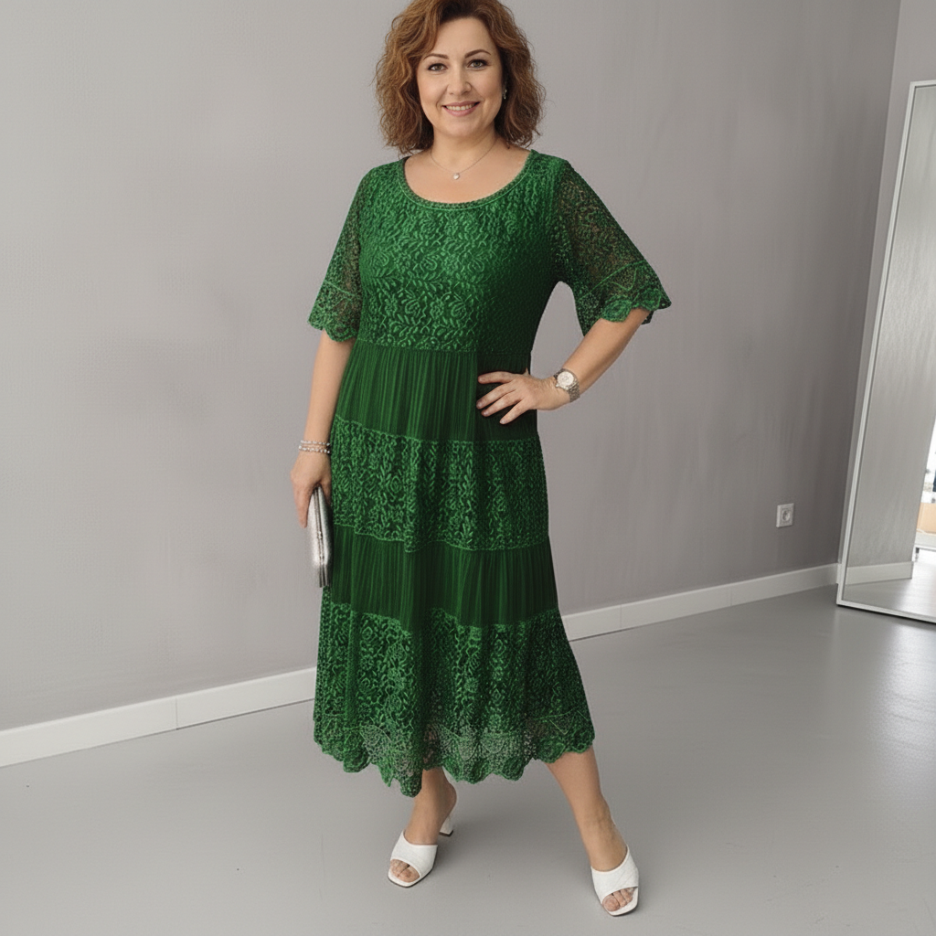Whitemore & Daughters - Berlinda Midi Dress: Round-Neck Lace Dress with Tiered Skirt