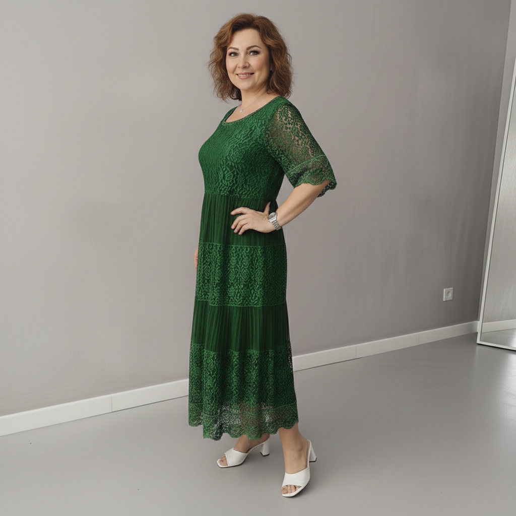 Whitemore & Daughters - Berlinda Midi Dress: Round-Neck Lace Dress with Tiered Skirt