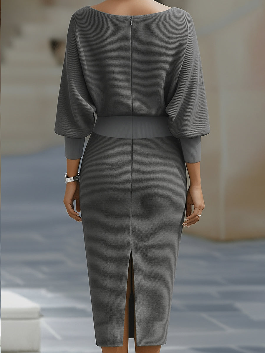 Whitemore & Daughters - Midi Dress: Draped Boat-Neck Dress with Batwing Sleeves