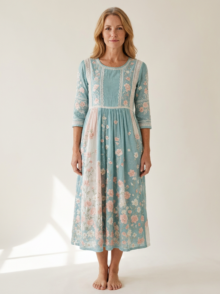 Spring Blossom Patchwork Midi Dress