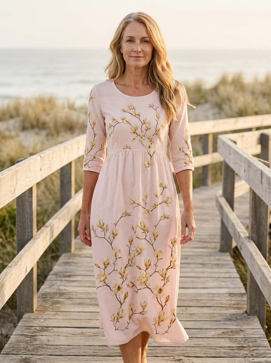 Golden Magnolia Bloom Pocket Midi Dress