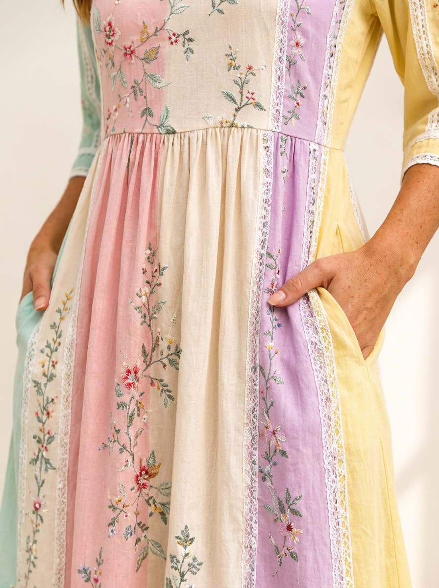 Pastel Garden Panel Pocket Midi Dress