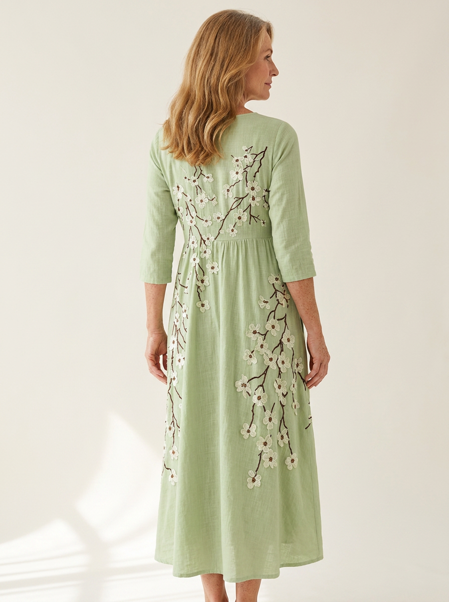 Sage Blossom Garden Pocket Midi Dress