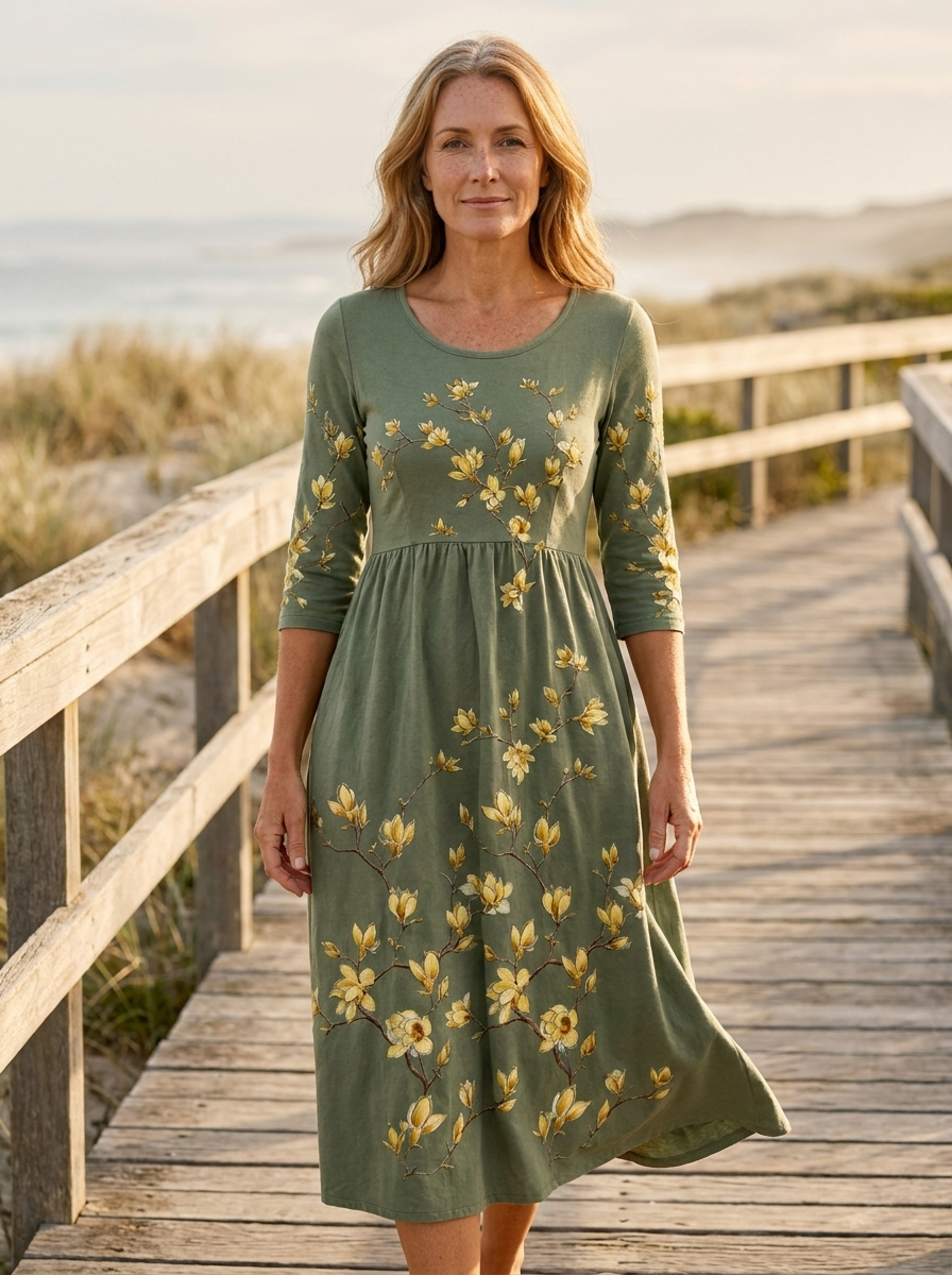 Sage Blossom Grace Pocket Midi Dress