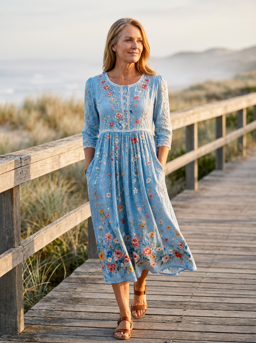 Sky Blossom Garden Midi Dress