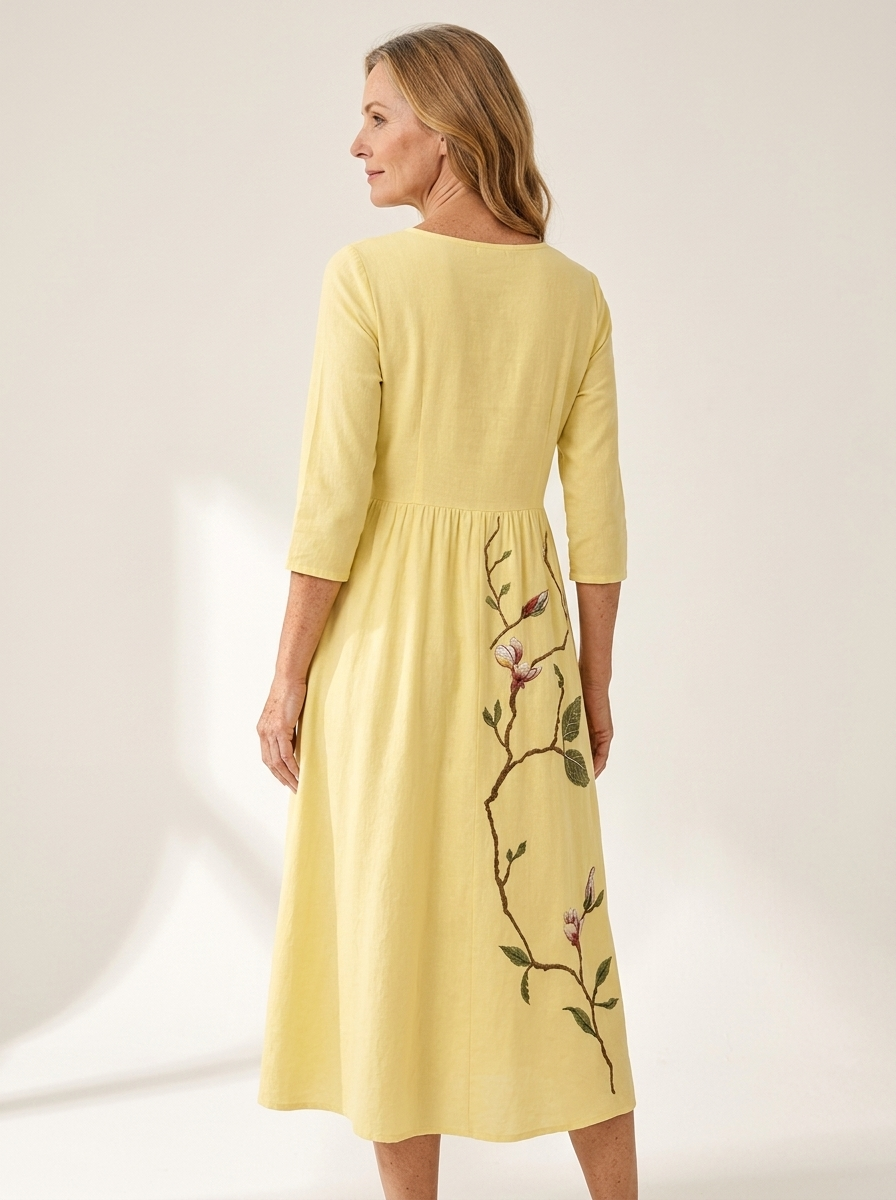 Golden Blossom Pocket Midi Dress