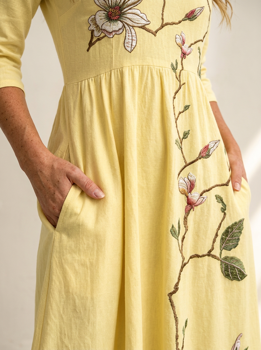 Golden Blossom Pocket Midi Dress