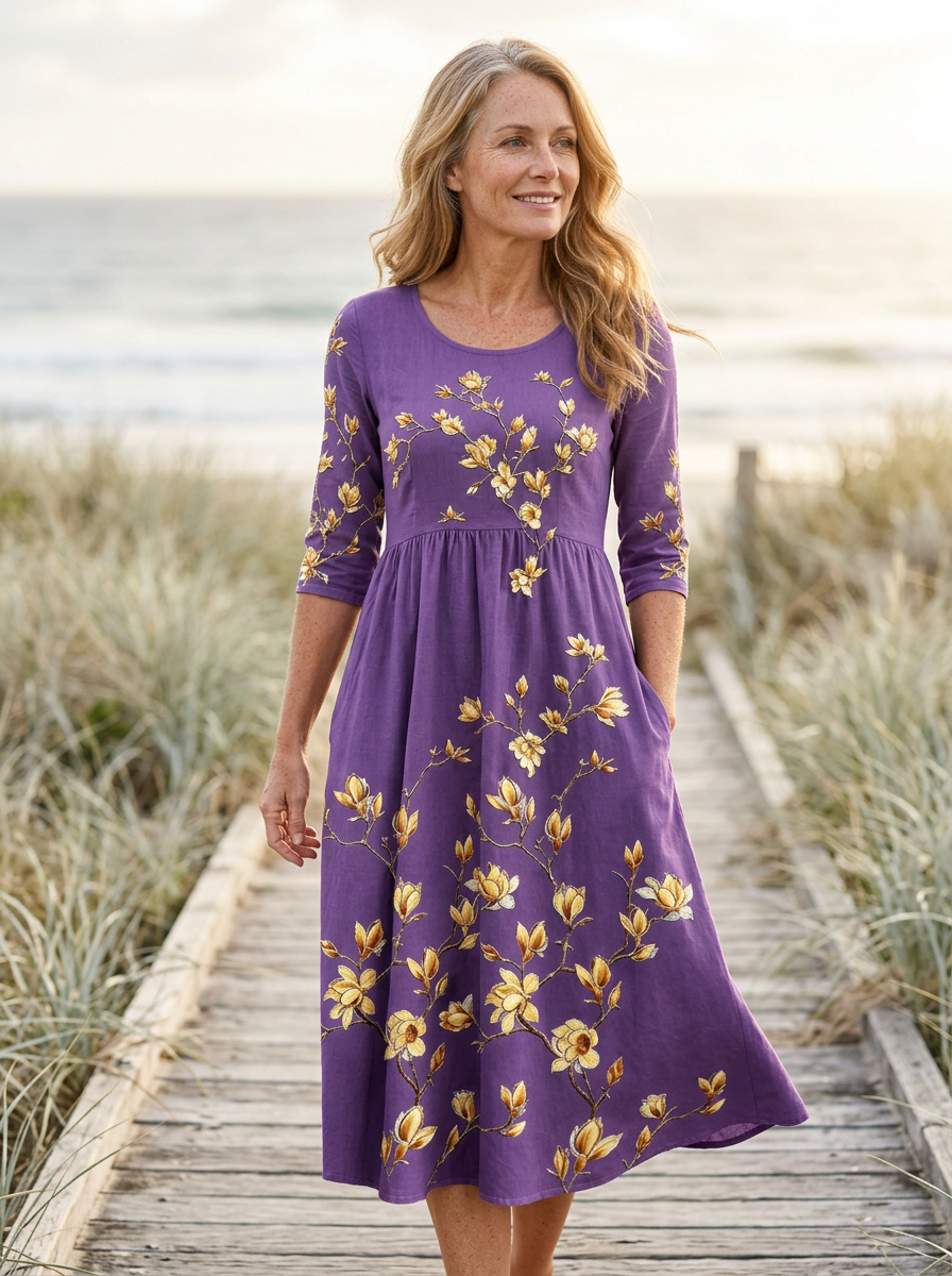 Golden Magnolia Charm Pocket Midi Dress