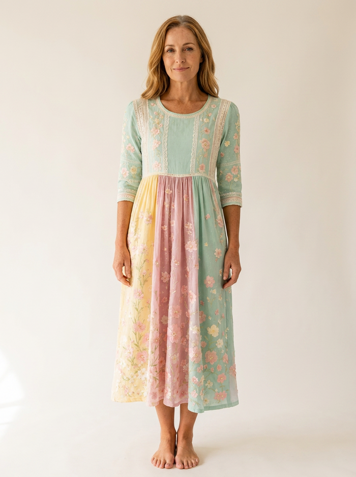 Spring Blossom Patchwork Pocket Midi Dress