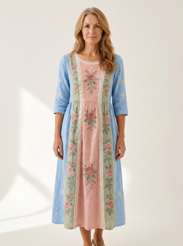 Vintage Rose Garden Patchwork Pocket Dress