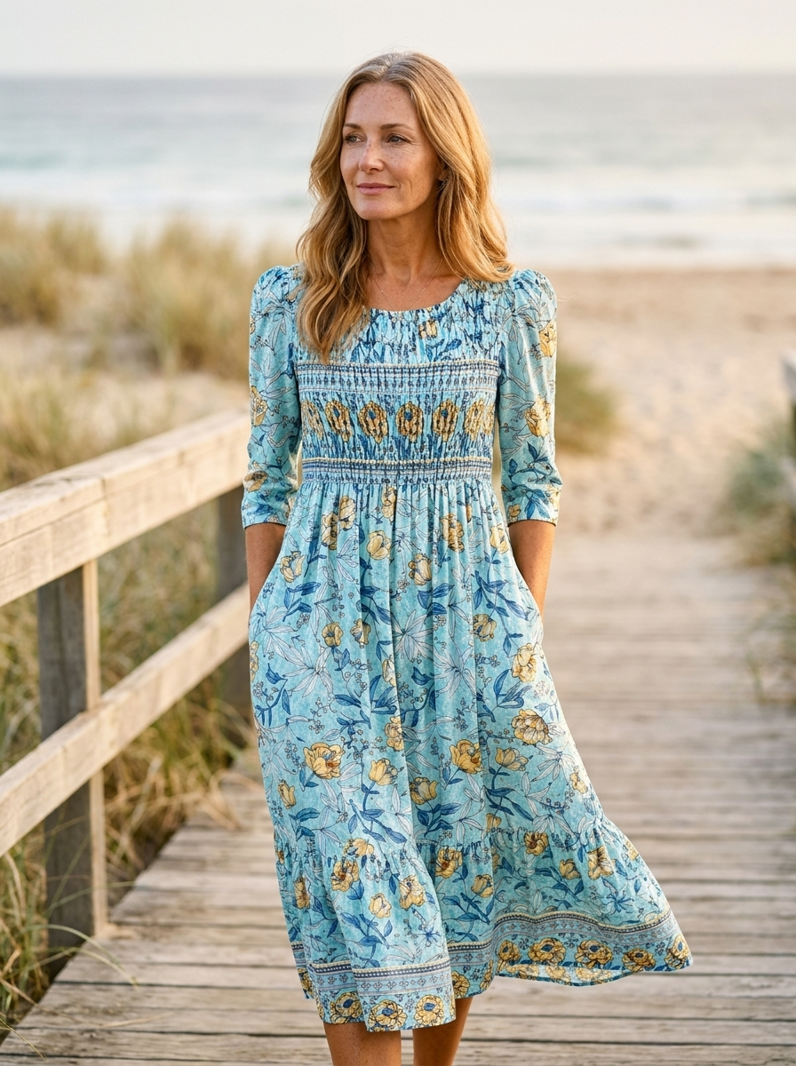 Golden Bloom Smocked Garden Midi Dress