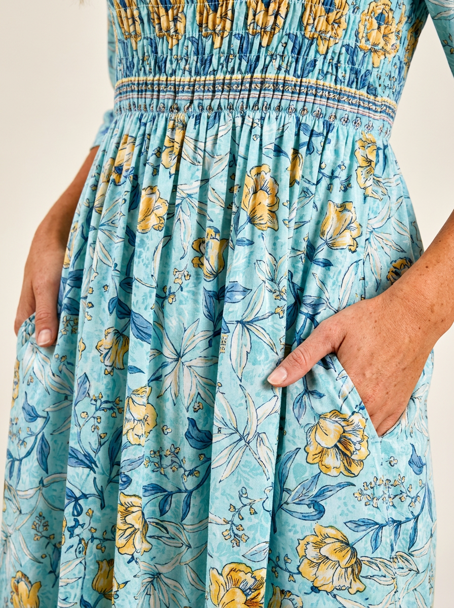 Golden Bloom Smocked Garden Midi Dress