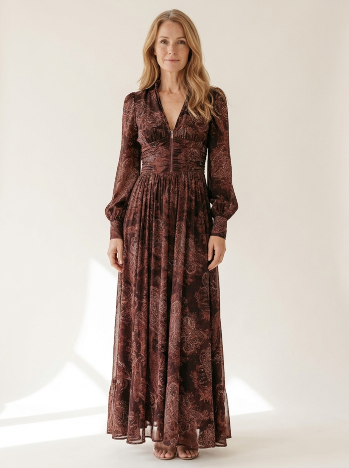 Whitemore & Daughters - Amelia Maxi Dress: V-Neck Zip-Front Dress with Long Sleeves in Paisley Print