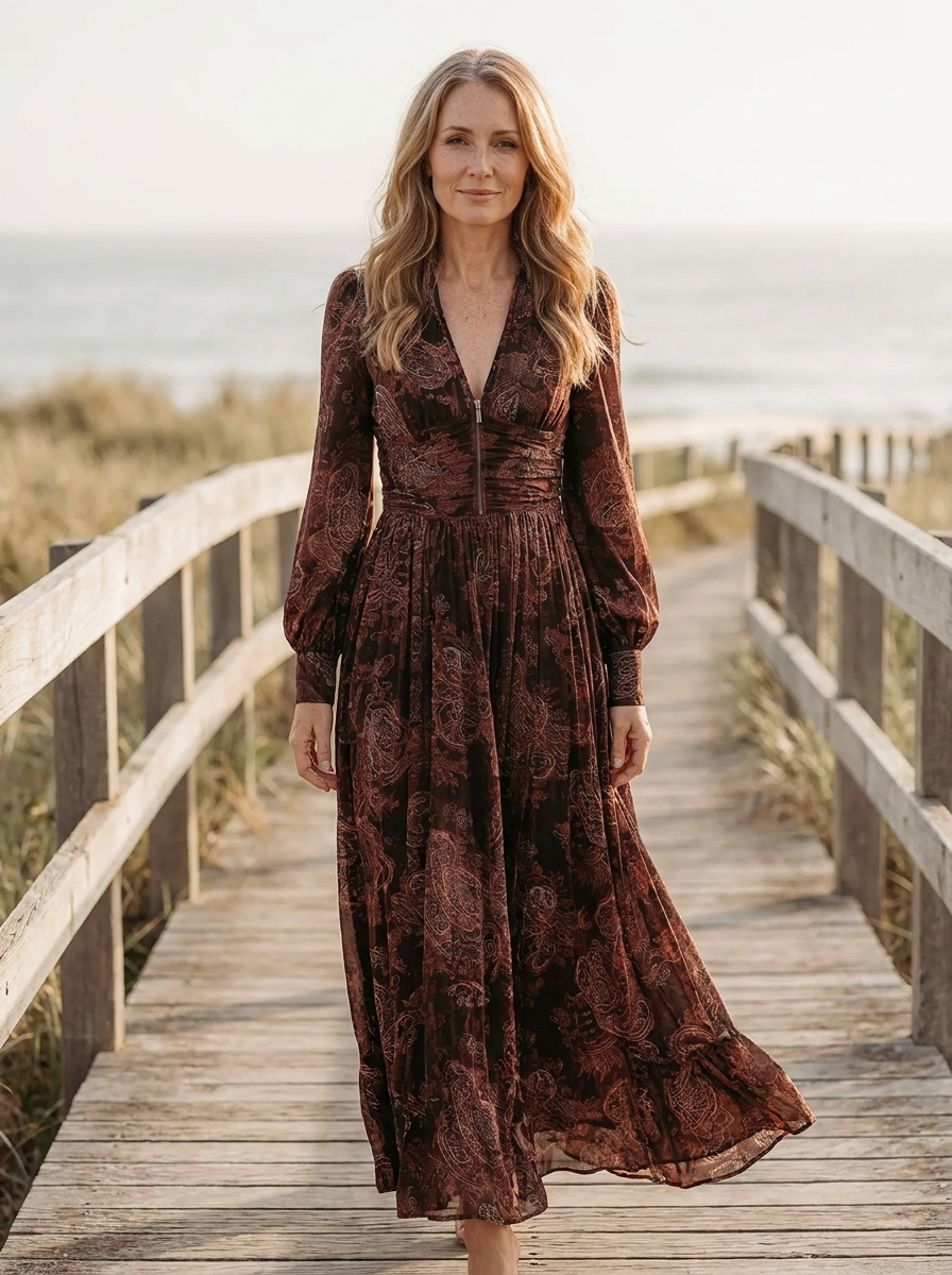 Whitemore & Daughters - Amelia Maxi Dress: V-Neck Zip-Front Dress with Long Sleeves in Paisley Print
