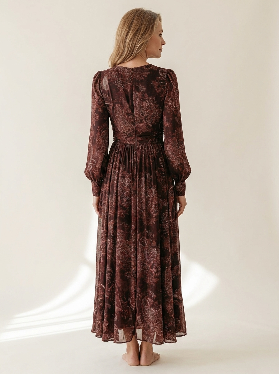 Whitemore & Daughters - Amelia Maxi Dress: V-Neck Zip-Front Dress with Long Sleeves in Paisley Print