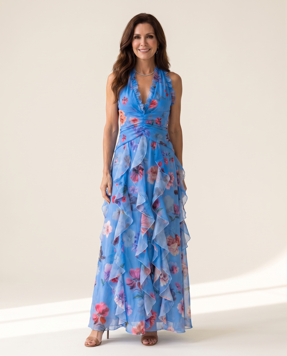 Whitemore & Daughters - Nori Maxi Dress: Halter-Neck Dress with Ruffle Tiered Skirt in Floral Print