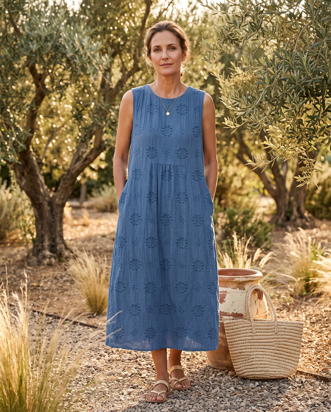 Whitemore & Daughters - Allison Midi Dress: Round-Neck Sleeveless Dress in Floral Print