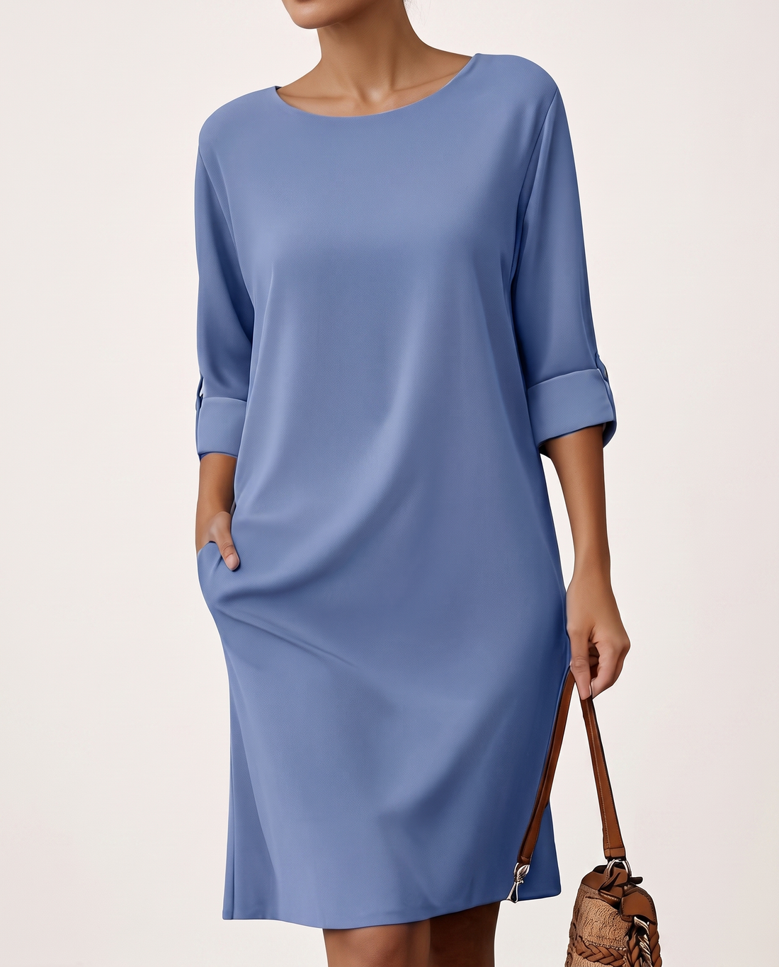 Whitemore & Daughters - Krissy Midi Dress: Round-Neck Dress with Long Sleeves and Front Slit