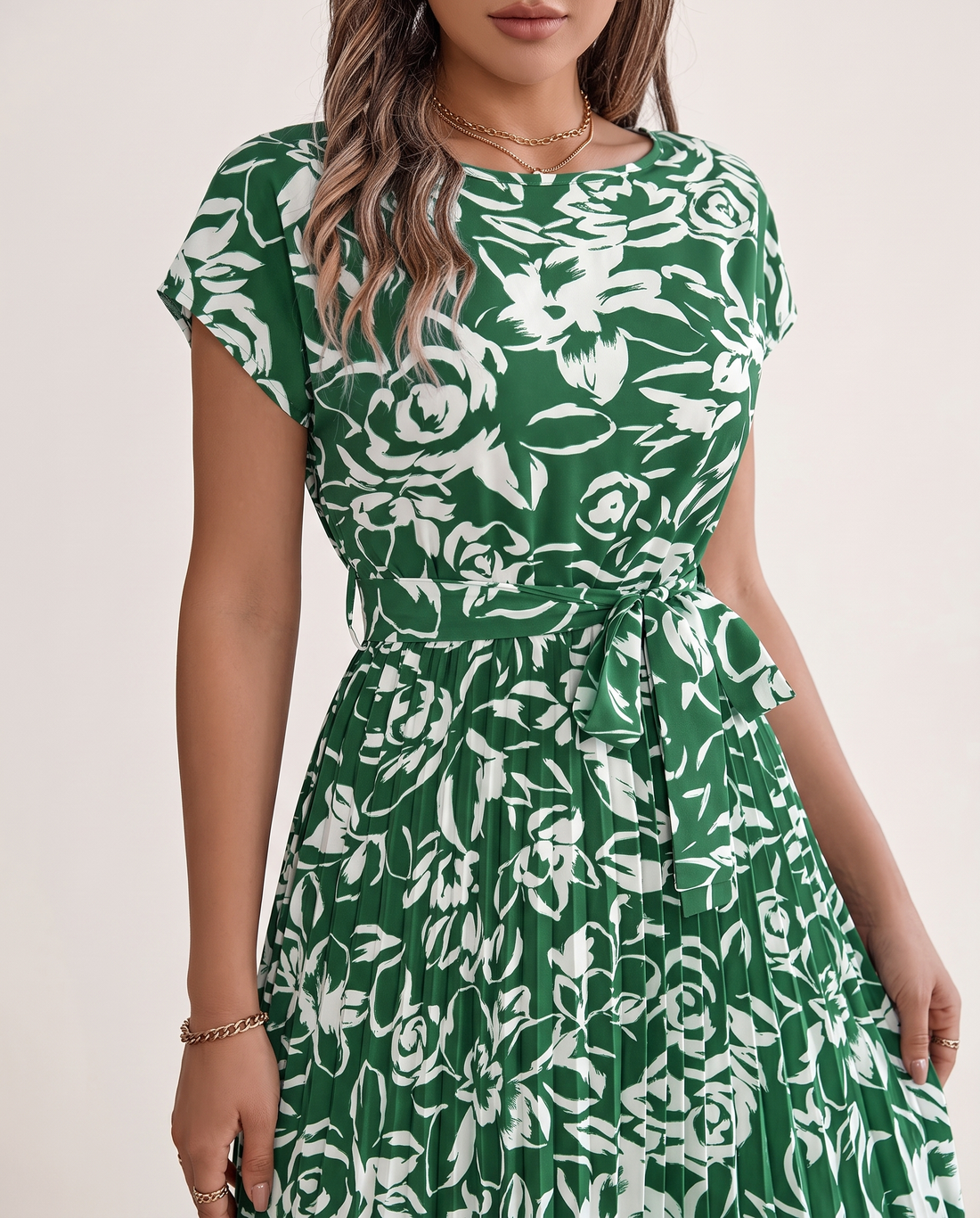 Whitemore & Daughters - Rosie Midi Dress: Round-Neck Belted Dress with Pleated Skirt in Floral Print