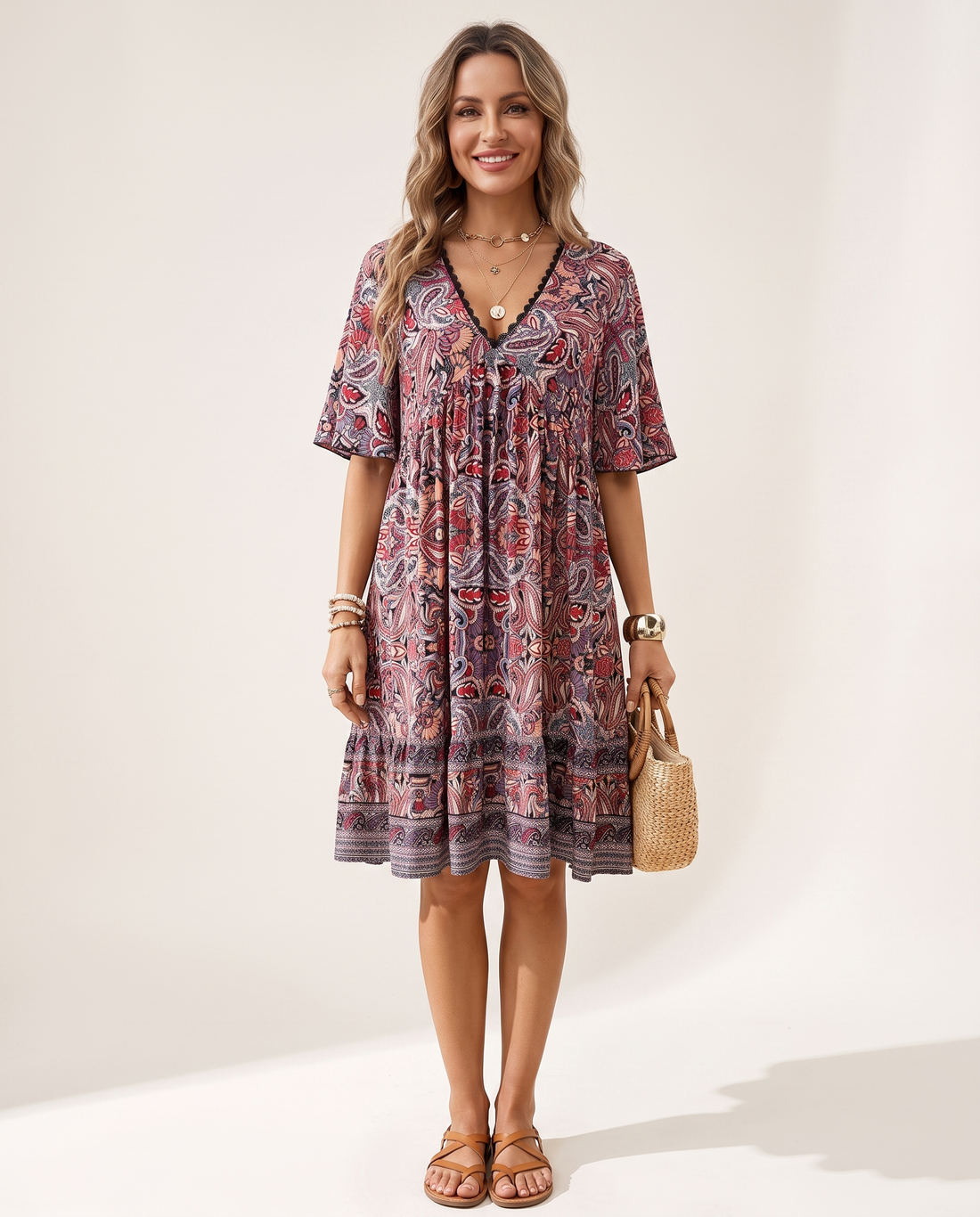 Whitemore & Daughters - Macey Mini Dress: V-Neck Tiered Dress with Flutter Sleeves in Paisley Print