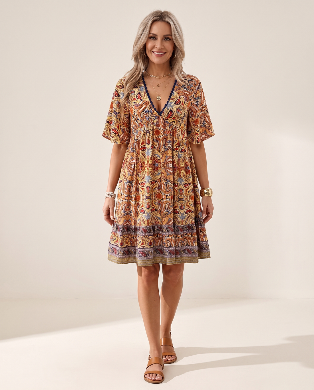 Whitemore & Daughters - Macey Mini Dress: V-Neck Tiered Dress with Flutter Sleeves in Paisley Print