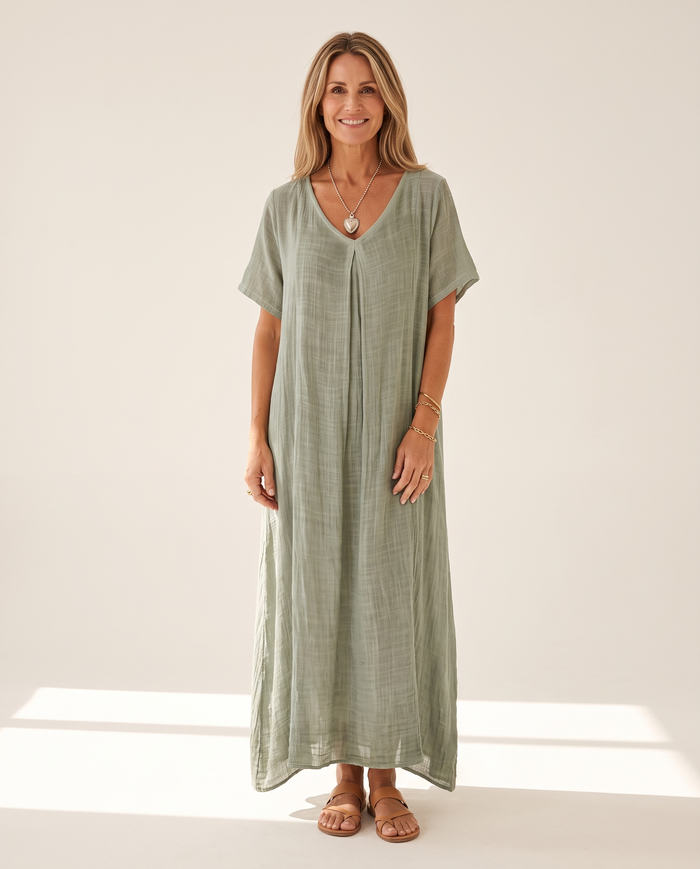 Whitemore & Daughters - Neva Midi Dress: V-Neck Dress with Puff Sleeves