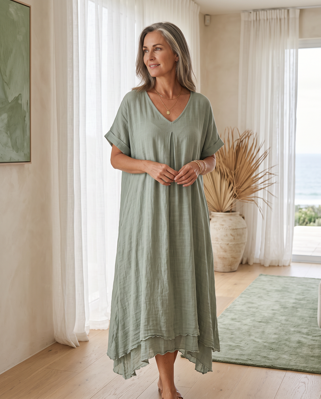 Whitemore & Daughters - Neva Midi Dress: V-Neck Dress with Puff Sleeves