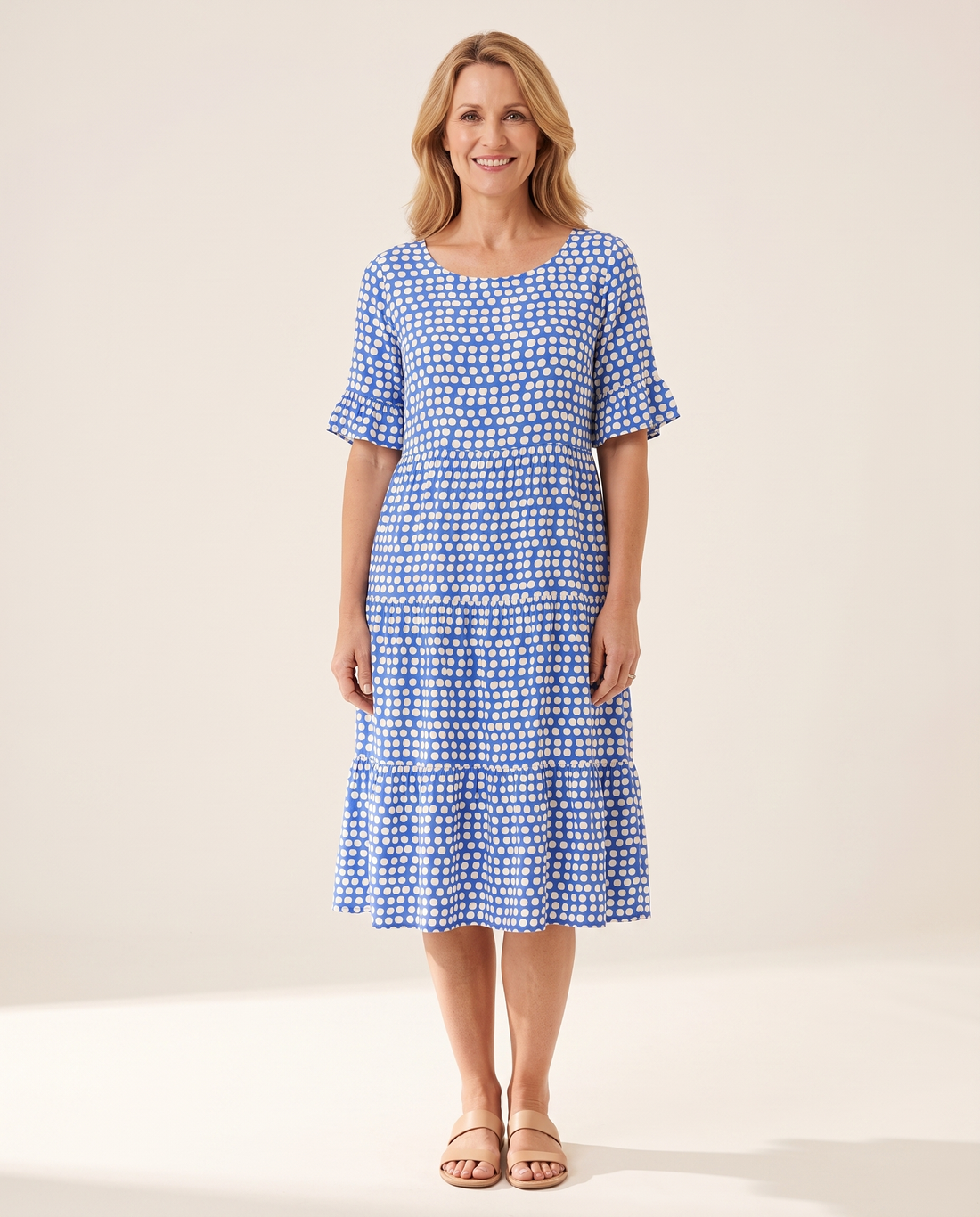 Whitemore & Daughters - Beckah Midi Dress: Round-Neck Tiered Dress with Flutter Sleeves in Polka Dot Print