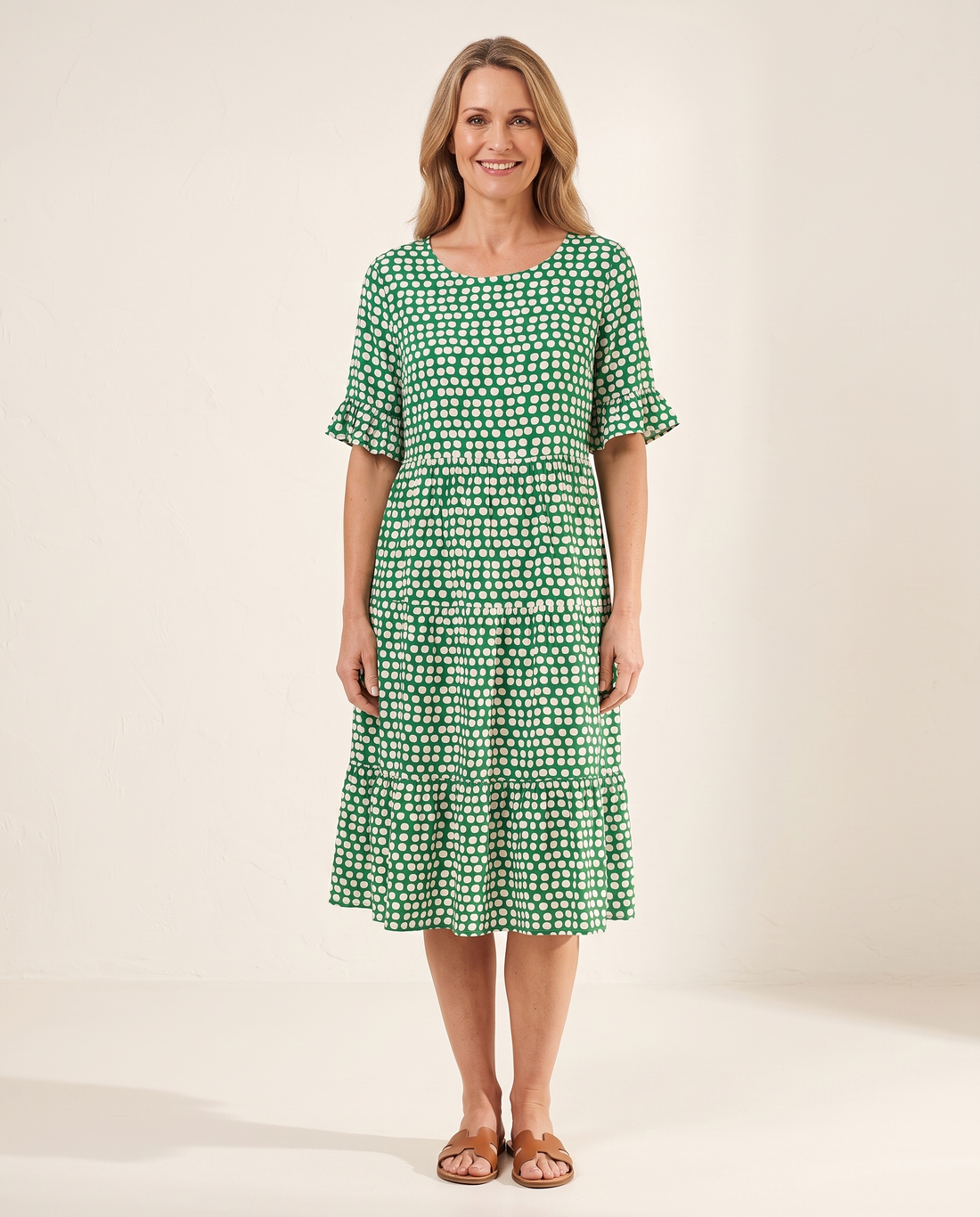 Whitemore & Daughters - Beckah Midi Dress: Round-Neck Tiered Dress with Flutter Sleeves in Polka Dot Print