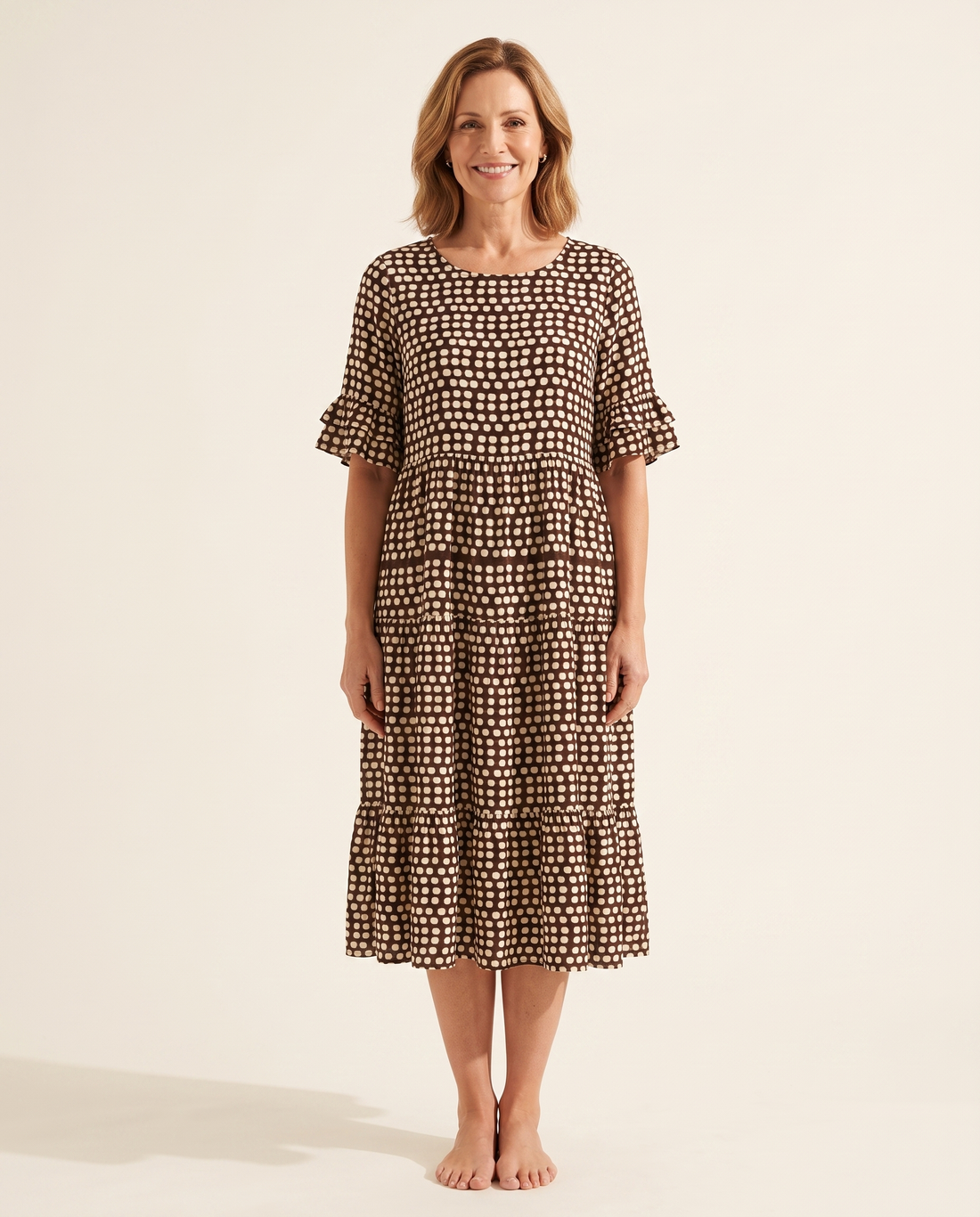 Whitemore & Daughters - Beckah Midi Dress: Round-Neck Tiered Dress with Flutter Sleeves in Polka Dot Print