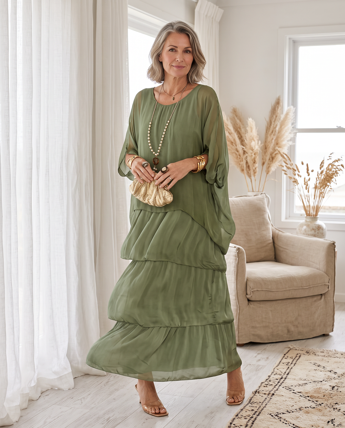 Whitemore & Daughters - Hylda Maxi Dress: Round-Neck Tiered Dress with Kimono Sleeves