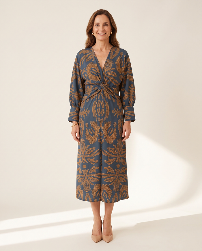 Whitemore & Daughters - Evaline Midi Dress: V-Neck Dress with Long Balloon Sleeves in Paisley Print