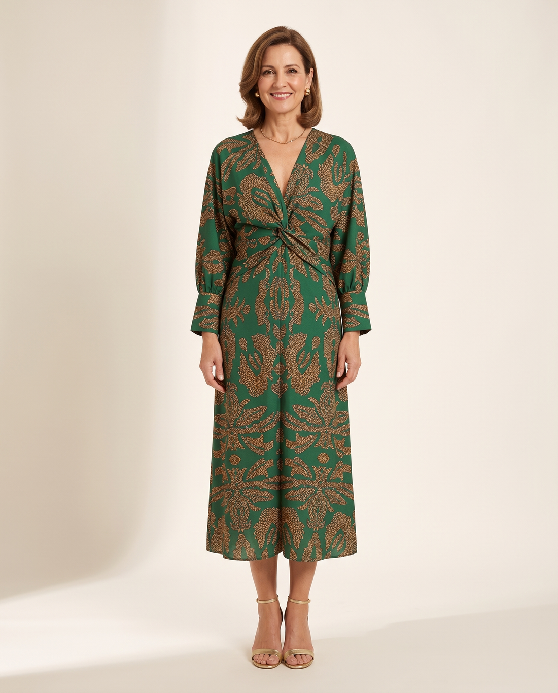 Whitemore & Daughters - Evaline Midi Dress: V-Neck Dress with Long Balloon Sleeves in Paisley Print