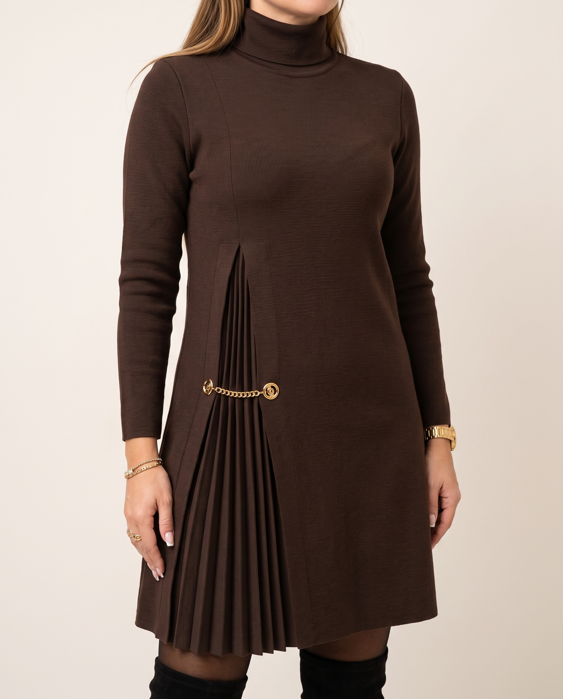 Whitemore & Daughters - Noella Mini Dress: Turtleneck Dress with Pleated Detail