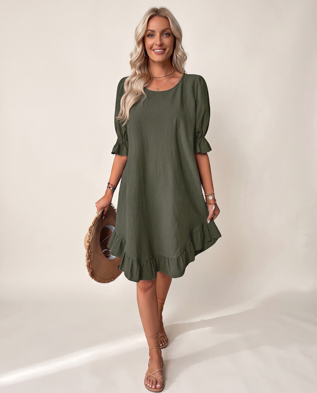 Whitemore & Daughters - Desiree Mini Dress: Round-Neck Dress with Ruffle Hem
