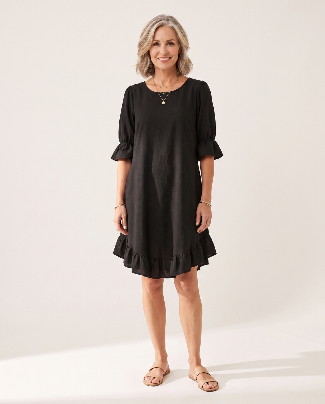 Whitemore & Daughters - Desiree Mini Dress: Round-Neck Dress with Ruffle Hem