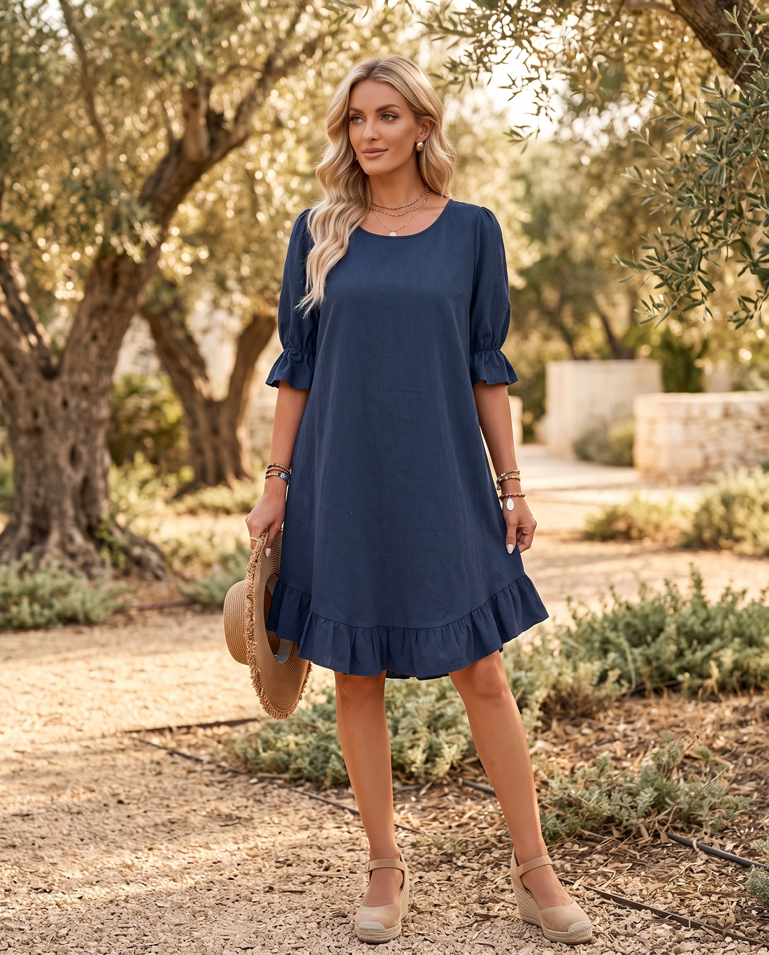 Whitemore & Daughters - Desiree Mini Dress: Round-Neck Dress with Ruffle Hem
