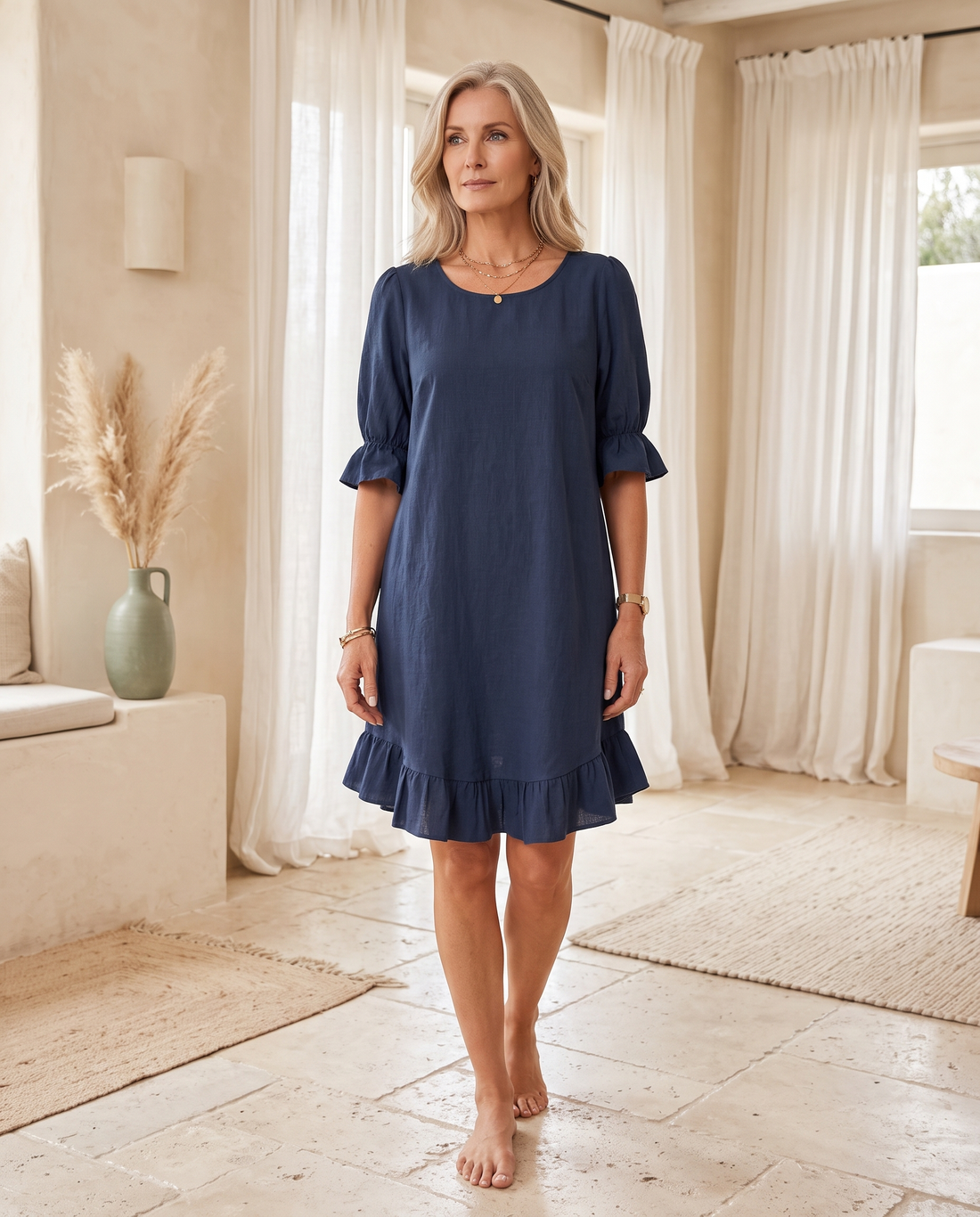 Whitemore & Daughters - Desiree Mini Dress: Round-Neck Dress with Ruffle Hem