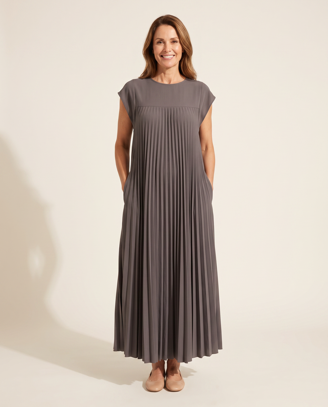Whitemore & Daughters - Giselle Maxi Dress: Round-Neck Pleated Dress with Cap Sleeves