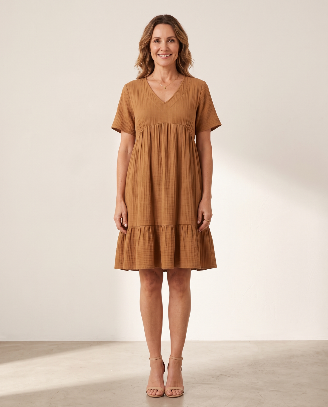 Whitemore & Daughters - Susie Mini Dress: Empire-Waist V-Neck Dress with Ruffle Hem
