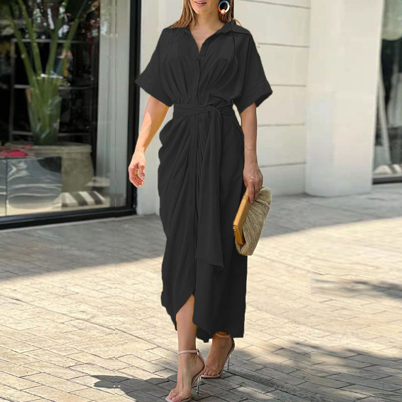 Whitemore & Daughters - Alyson Midi Dress: Shirt-Collar Wrap Dress with Short Sleeves in Abstract Print