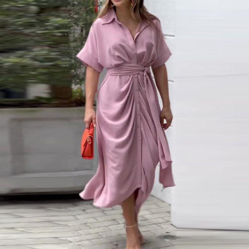 Whitemore & Daughters - Alyson Midi Dress: Shirt-Collar Wrap Dress with Short Sleeves in Abstract Print