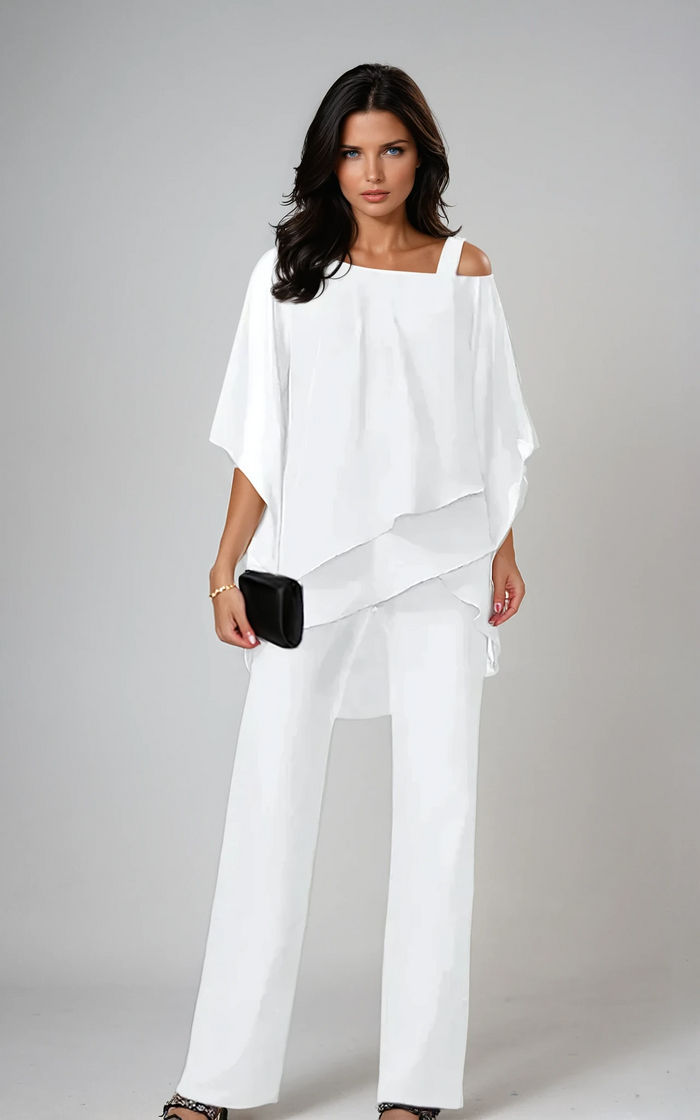 Whitemore & Daughters - Mariella Two-Piece Set: Cold-Shoulder Layered Top with Wide-Leg Pants