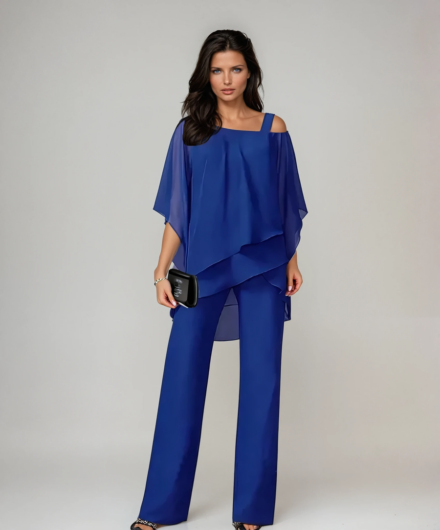 Whitemore & Daughters - Mariella Two-Piece Set: Cold-Shoulder Layered Top with Wide-Leg Pants