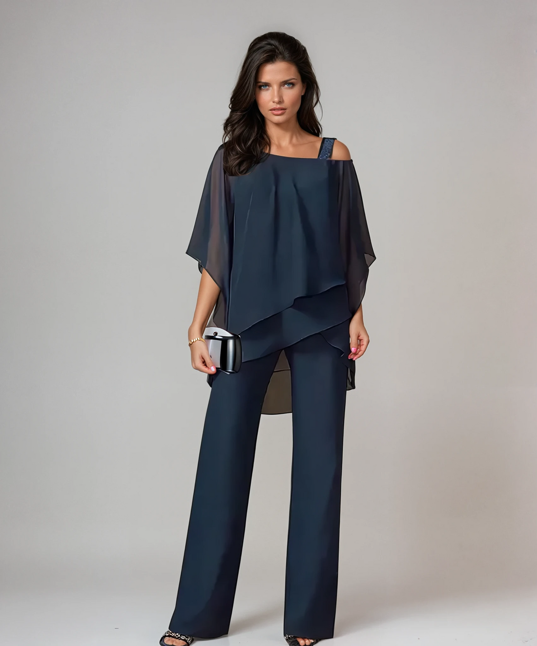Whitemore & Daughters - Mariella Two-Piece Set: Cold-Shoulder Layered Top with Wide-Leg Pants