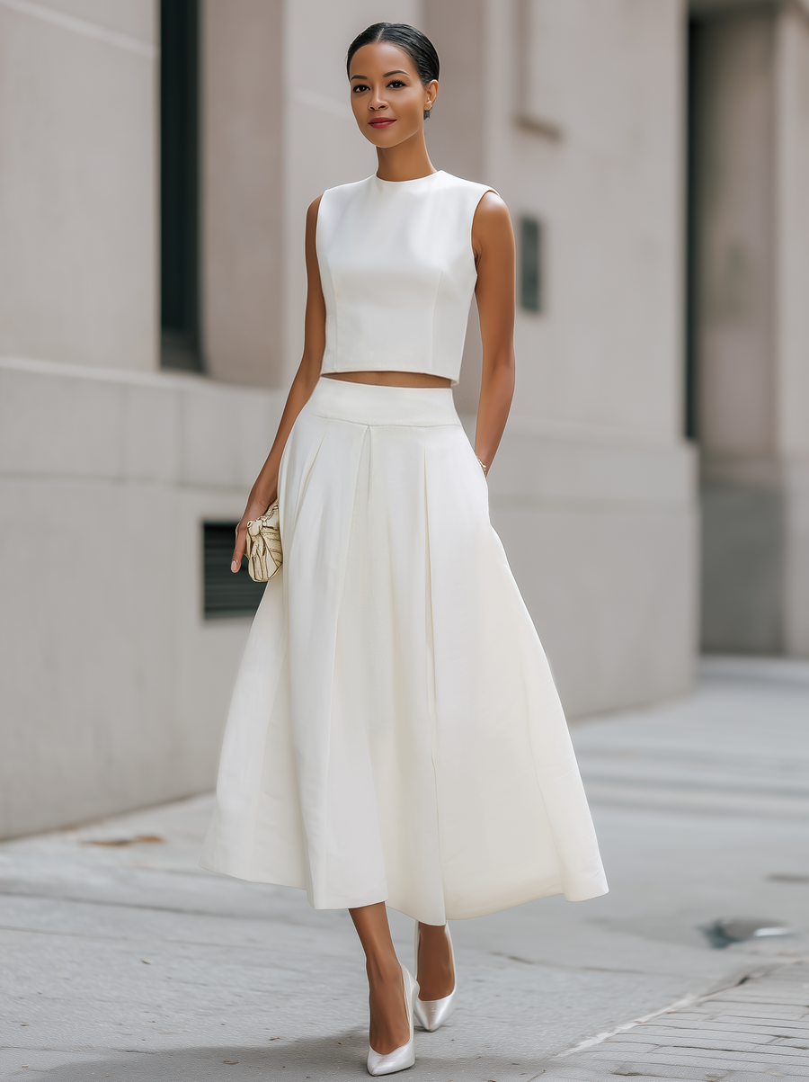 White Sleeveless Cropped Top & Pleated Midi Skirt Co-ord – Whitemore & Daughters