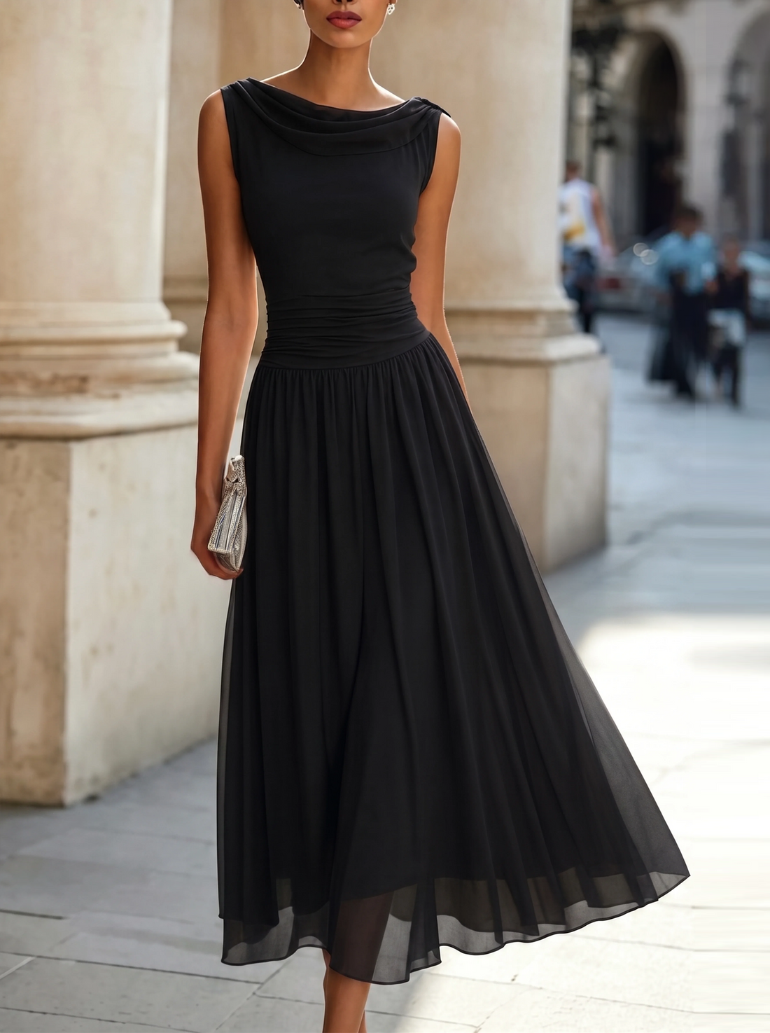 Whitemore & Daughters - Midi Dress: Cowl-Neck A-Line Dress with Flowy Pleated Skirt