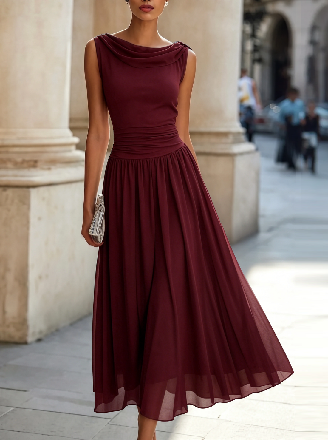 Whitemore & Daughters - Midi Dress: Cowl-Neck A-Line Dress with Flowy Pleated Skirt